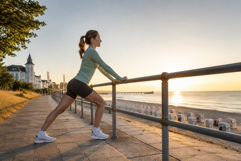 Läuferin dehnt die Wade an der Ostsee-Promenade am Morgen — Sommersport in Rostock, Physiotherapie