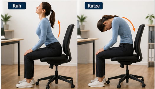 Übung Katze-Kuh am Bürostuhl – Kuh-Position mit Hohlkreuz und Katze-Position mit rundem Rücken